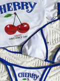 Cute Halter Bikini 3 Pieces Cherry Print 2026 Sexy & Fresh Feeling Bathing Suit Three-Piece Swimsuit Dark Blue Beach Swimwear