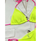 Sexy Neon Halter Ribbed Bikini Female Swimsuit Women Swimwear Two-Pieces Bikini Set Padded Bather Bathing Suit Swim Lady V4048
