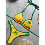 Brazilian Flag Halter Bikini Female Swimsuit Women Swimwear Two-Pieces Bikini Set High Leg Cut Bather Bathing Suit Swim V8369