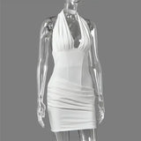 Halter Deep V Neck Sexy Mini Dress Women Elegant Sleeveless Backless Ruched Waist Bodycon Club Party Short Dresses