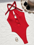 High Neck Lace Up High Leg Cut Women Swimwear One Piece Swimsuit Female Backless Monokini Hollow Out Bathing Suit Swim Bodysuit