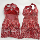 Pad Leopard Sports Yoga Set Jumpsuits Women Twist Back Shorts Bodysuit Female Tight Gym Running Fitness Overalls XP10
