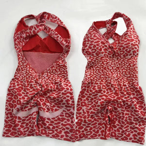 Pad Leopard Sports Yoga Set Jumpsuits Women Twist Back Shorts Bodysuit Female Tight Gym Running Fitness Overalls XP10