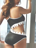 Women Sexy Shark Connected With Decorative Chain Swimwear Sexy Gather Backless Split Bathing Bodysuit Swimming Suit Beach Wear