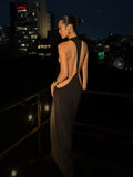 Tossy Women Halter Backless Bodycon Maxi Dress Open Back Spaghetti Strap Gold Ring Evening Party Gown Summer Beach Long Dress