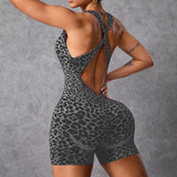 Pad Leopard Sports Yoga Set Jumpsuits Women Twist Back Shorts Bodysuit Female Tight Gym Running Fitness Overalls XP10