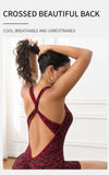 Leopard Print Workout Onesie Cross Open Back Athletic Rompers Sleeveless Yoga Jumpsuit Workout Outfit for Gym Pilates