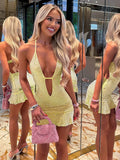 Nibber Deep V-Neck Mini Dress Woman Sequins Patchwork Backless Skinny Peach Hip Hottie Midnight Club Party Sexy Fashion Bodycon