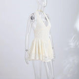 V Neck Halter Lace Mini Skirt Women Fashion Waist Cinched A Line Dress Backless Sleeveless Short Vestidos Summer Lady Dresses