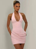Halter Deep V Neck Sexy Mini Dress Women Elegant Sleeveless Backless Ruched Waist Bodycon Club Party Short Dresses