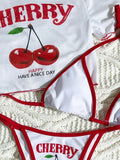Cute Halter Bikini 3 Pieces Cherry Print 2026 Sexy & Fresh Feeling Bathing Suit Three-Piece Swimsuit Dark Blue Beach Swimwear