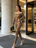 Women Leopard Print Off Shoulder 2 Piece Outfit Long Sleeve Cutout Bodycon Top And Pants Set Brown Party Streetwear