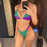 Bather Bathing Suit Swim Splicing Halter High Cut Brazilian Bikini Women Swimwear Female Swimsuit Two-Pieces Bikini Set V6067