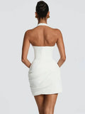Halter Deep V Neck Sexy Mini Dress Women Elegant Sleeveless Backless Ruched Waist Bodycon Club Party Short Dresses
