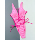 Deep V Neck Lace Up High Leg Cut Women Swimwear One Piece Swimsuit Female Wrap Around Monokini Bather Bathing Suit Swim V4719