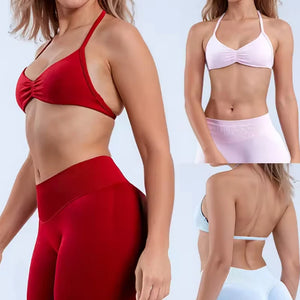 D-LOgo Women Halter Neck 2Pcs Yoga Outfit Padded Sports Bra High Waist Peach Butt Seamless Gym Fitness Short