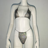 Fishnet Glitter Rhinestone Bikini Set Women Bathing Suit Mesh Sheer Swimwear Beach Bananas Sexy Thong Biquini Rave Party Outfits
