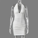 Halter Deep V Neck Sexy Mini Dress Women Elegant Sleeveless Backless Ruched Waist Bodycon Club Party Short Dresses