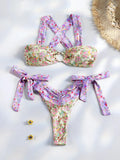 Sexy Bikinis Micro Thongs Swimsuit Women Bathing Suit Rings Biquini Bandage Beachwear Print Swimwear Sexy Bikini Sets With Chain