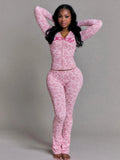 Weird Puss Letter Leopard Print 2 Piece Set Women Casual Zip Hooded Crop Jacke+Leggings Matching Stretch Sporty Street Outfits