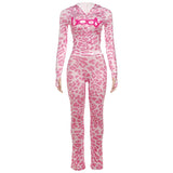 Weird Puss Letter Leopard Print 2 Piece Set Women Casual Zip Hooded Crop Jacke+Leggings Matching Stretch Sporty Street Outfits