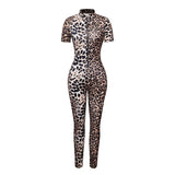 Summer 2026 Sexy Leopard Jumpsuit Women Stand Collar Deep Zipper Slim Full Length Pants Trousers Rompers Jumpsuits 63947
