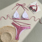 Sexy Printed PU Faux Leather Halter Bikini Female Swimsuit Women Swimwear Two-Pieces Bikini Set Bather Bathing Suit Swim V6579