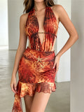 XS - L Printed Halter Deep V Neck Mini Dress Pleated Ruched Sleeveless Bodycon Dresses For Women Club Party Tight Vestidos V8404
