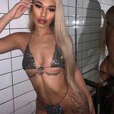 Fishnet Glitter Rhinestone Bikini Set Women Bathing Suit Mesh Sheer Swimwear Beach Bananas Sexy Thong Biquini Rave Party Outfits