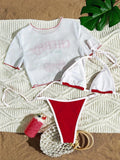 Cute Halter Bikini 3 Pieces Cherry Print 2026 Sexy & Fresh Feeling Bathing Suit Three-Piece Swimsuit Dark Blue Beach Swimwear
