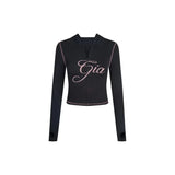 Gia 26SS Slim Fit Letter Printed Open Thread Design Hooded Zipper Short Jacket Pants Set