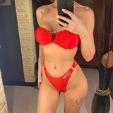 Bandeau Metal Rings Bikini Women Swimwear Female Swimsuit Two-Pieces Bikini Set Wrinkled High Cut Bather Bathing Suit Swim V5952
