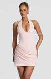 Halter Deep V Neck Sexy Mini Dress Women Elegant Sleeveless Backless Ruched Waist Bodycon Club Party Short Dresses