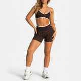 Women Leopard Print 2 Piece Yoga Set High Waist Butt Lift Biker Shorts Adjustable Strap Sports Bra Gym Workout Activewear