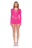 new shoulder letter printed open thread design slim fit hooded zipper short jacket shorts set