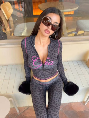 Gia 26SS Slim Fit Letter Printed Open Thread Design Hooded Zipper Short Jacket Pants Set