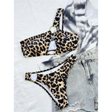 Leopard Printed One Shoulder Cut Out Bikini Female Swimsuit Women Swimwear Two-Pieces Bikini Set Bather Bathing Suit Swim V4429