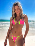Sexy Halter Pearl Extreme Mini Micro Bikini Female Swimsuit Women Swimwear Two-pieces Bikini set Ribbed Bather Bathing Suit Swim