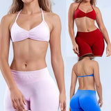 D-LOgo Women Halter Neck 2Pcs Yoga Outfit Padded Sports Bra High Waist Peach Butt Seamless Gym Fitness Short