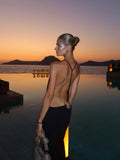 Tossy Women Halter Backless Bodycon Maxi Dress Open Back Spaghetti Strap Gold Ring Evening Party Gown Summer Beach Long Dress