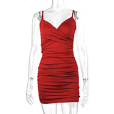 7 Color Sexy Wrinkled Pleated V Neck Sling Dress Short Club Ladies 2025 Summer Bodycon Dress Evening Party Tight Mini Dress D007