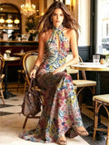 Fashionable Printed Long Skirt with Stand up Collar Hollow out Neck Hanging Design Slim Fit Split for Holiday Dress