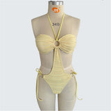 S - XXL Sexy Halter Wrinkled Cut Out One Piece Swimsuit Women Swimwear Female Padded High Leg Cut Bather Bathing Suit Swim V7562