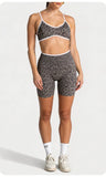 Women Leopard Print 2 Piece Yoga Set High Waist Butt Lift Biker Shorts Adjustable Strap Sports Bra Gym Workout Activewear