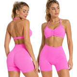 D-LOgo Women Halter Neck 2Pcs Yoga Outfit Padded Sports Bra High Waist Peach Butt Seamless Gym Fitness Short