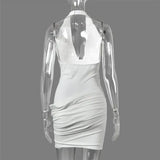Halter Deep V Neck Sexy Mini Dress Women Elegant Sleeveless Backless Ruched Waist Bodycon Club Party Short Dresses