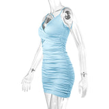 7 Color Sexy Wrinkled Pleated V Neck Sling Dress Short Club Ladies 2025 Summer Bodycon Dress Evening Party Tight Mini Dress D007