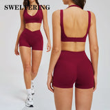 2PCS Yoga Shorts Set Women Tracksuits Gym Clothes Fitness Sports Suit Female Shockproof Bra High Waist Shorts Set Sportswear