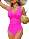 S - XXL Twist Front V Neck One Piece Swimsuit Women Swimwear Female Slim Monokini Backless Bathing Suit Swim Beachwear Bodysuit