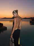 Tossy Women Halter Backless Bodycon Maxi Dress Open Back Spaghetti Strap Gold Ring Evening Party Gown Summer Beach Long Dress